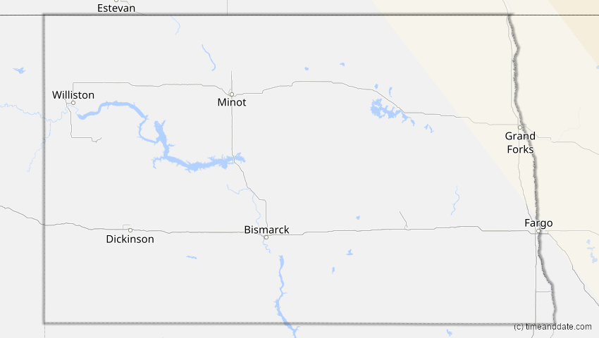 A map of North Dakota, USA, showing the path of the 1. Mai 2079 Totale Sonnenfinsternis