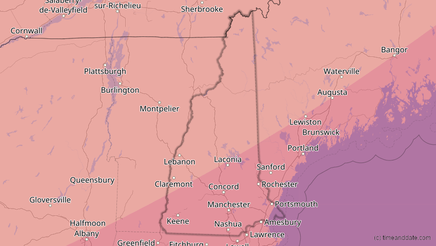 A map of New Hampshire, USA, showing the path of the 1. Mai 2079 Totale Sonnenfinsternis