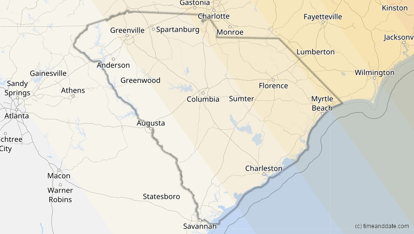 A map of South Carolina, USA, showing the path of the 1. Mai 2079 Totale Sonnenfinsternis