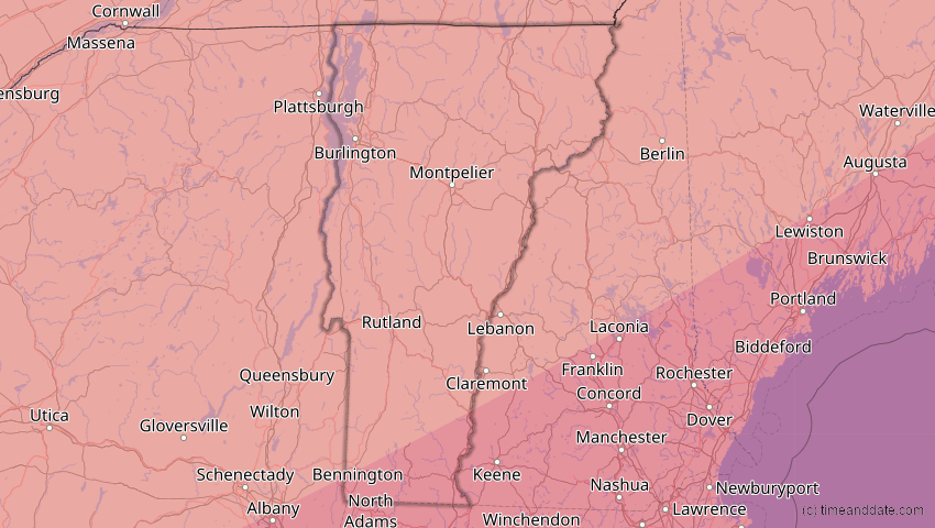A map of Vermont, USA, showing the path of the 1. Mai 2079 Totale Sonnenfinsternis