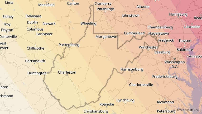 A map of West Virginia, USA, showing the path of the 1. Mai 2079 Totale Sonnenfinsternis