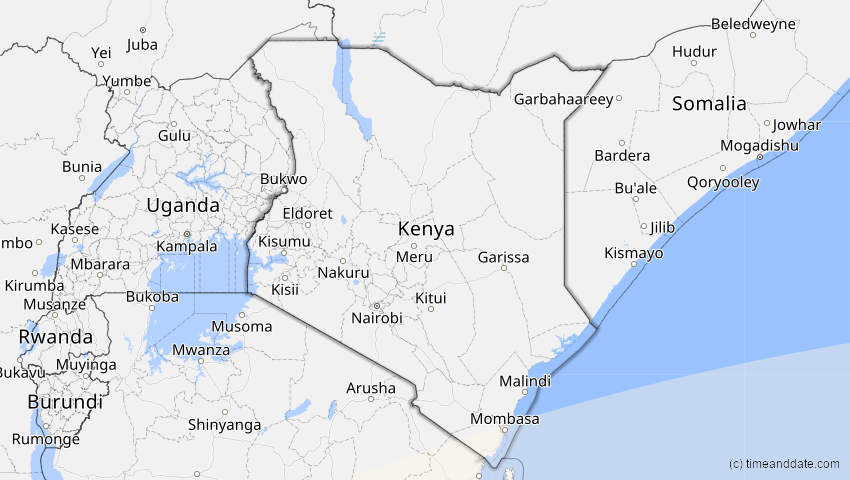 A map of Kenia, showing the path of the 21. Mär 2080 Partielle Sonnenfinsternis