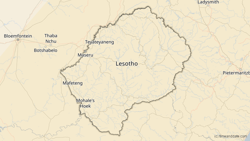 A map of Lesotho, showing the path of the 21. Mär 2080 Partielle Sonnenfinsternis