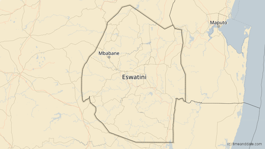 A map of Eswatini, showing the path of the 21. Mär 2080 Partielle Sonnenfinsternis