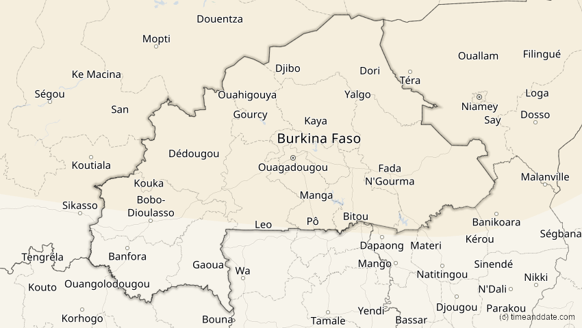 A map of Burkina Faso, showing the path of the 13. Sep 2080 Partielle Sonnenfinsternis