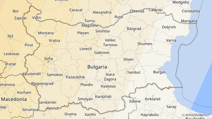 A map of Bulgarien, showing the path of the 13. Sep 2080 Partielle Sonnenfinsternis