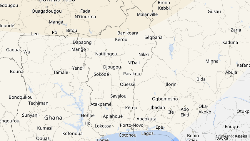 A map of Benin, showing the path of the 13. Sep 2080 Partielle Sonnenfinsternis