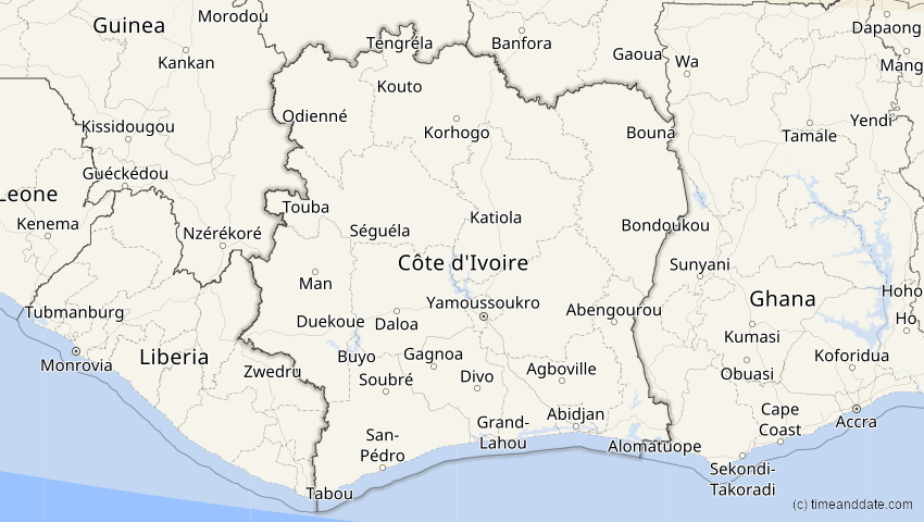 A map of Elfenbeinküste (Côte d'Ivoire), showing the path of the 13. Sep 2080 Partielle Sonnenfinsternis