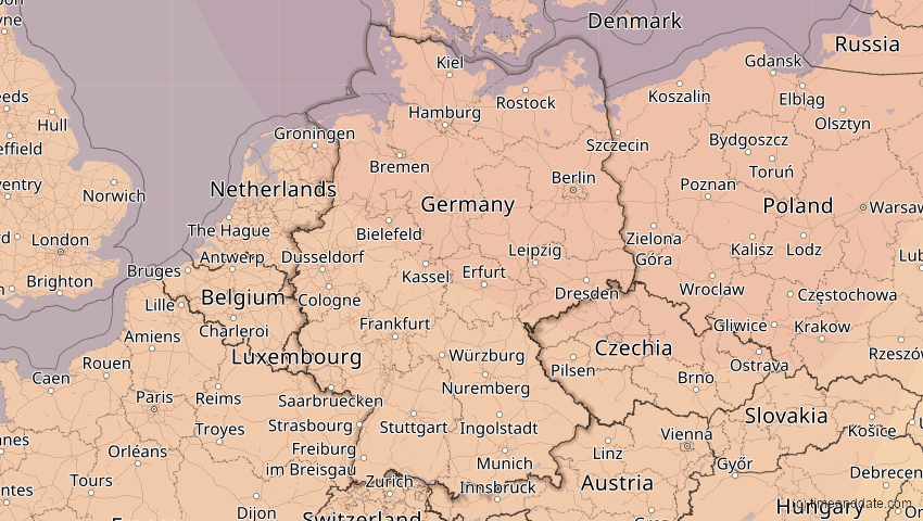 A map of Deutschland, showing the path of the 13. Sep 2080 Partielle Sonnenfinsternis