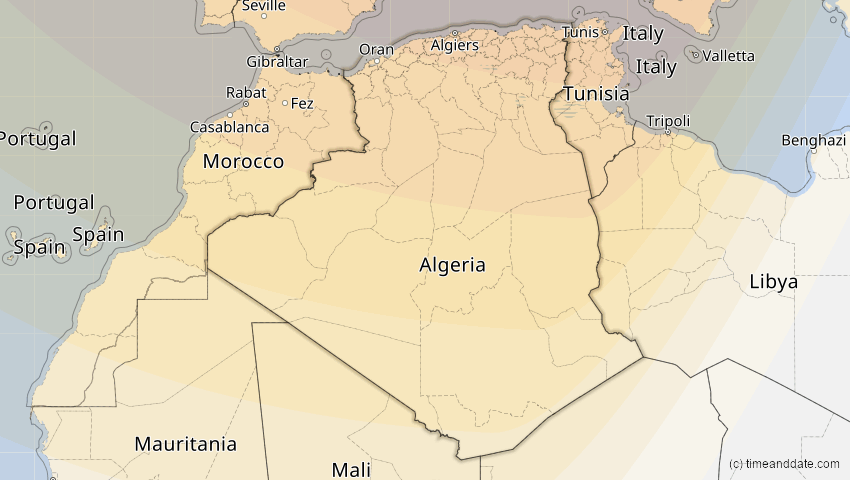 A map of Algerien, showing the path of the 13. Sep 2080 Partielle Sonnenfinsternis