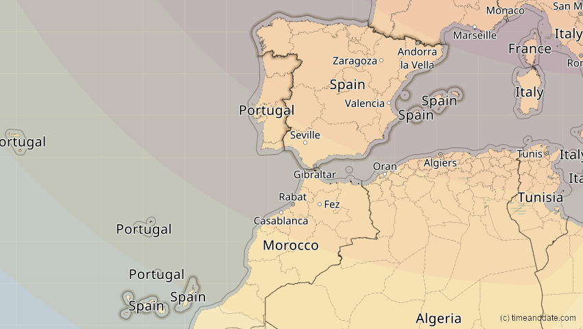 A map of Spanien, showing the path of the 13. Sep 2080 Partielle Sonnenfinsternis