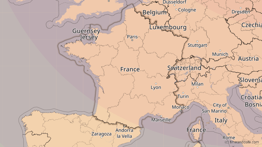 A map of Frankreich, showing the path of the 13. Sep 2080 Partielle Sonnenfinsternis