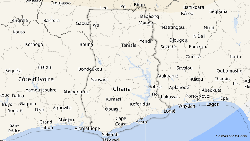 A map of Ghana, showing the path of the 13. Sep 2080 Partielle Sonnenfinsternis