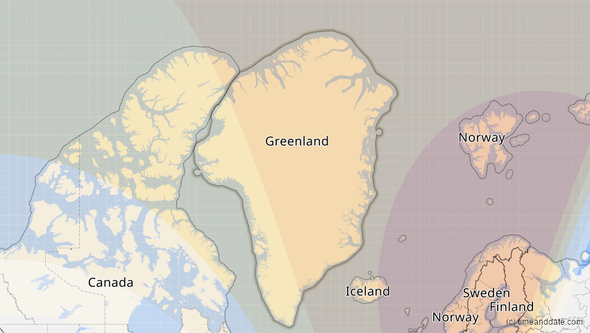 A map of Grönland, showing the path of the 13. Sep 2080 Partielle Sonnenfinsternis
