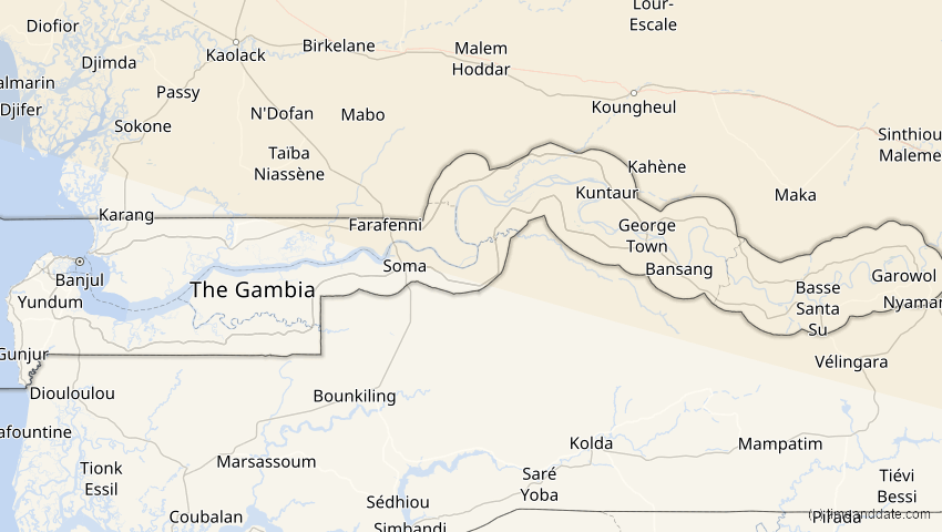 A map of Gambia, showing the path of the 13. Sep 2080 Partielle Sonnenfinsternis