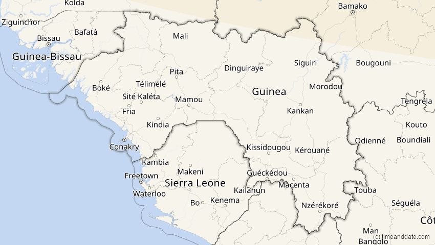 A map of Guinea, showing the path of the 13. Sep 2080 Partielle Sonnenfinsternis