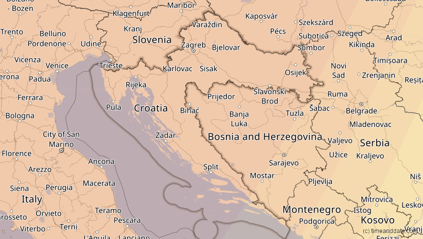 A map of Kroatien, showing the path of the 13. Sep 2080 Partielle Sonnenfinsternis