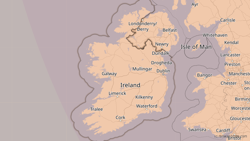 A map of Irland, showing the path of the 13. Sep 2080 Partielle Sonnenfinsternis