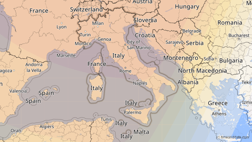 A map of Italien, showing the path of the 13. Sep 2080 Partielle Sonnenfinsternis