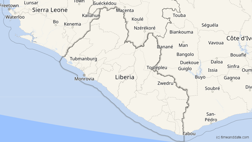 A map of Liberia, showing the path of the 13. Sep 2080 Partielle Sonnenfinsternis
