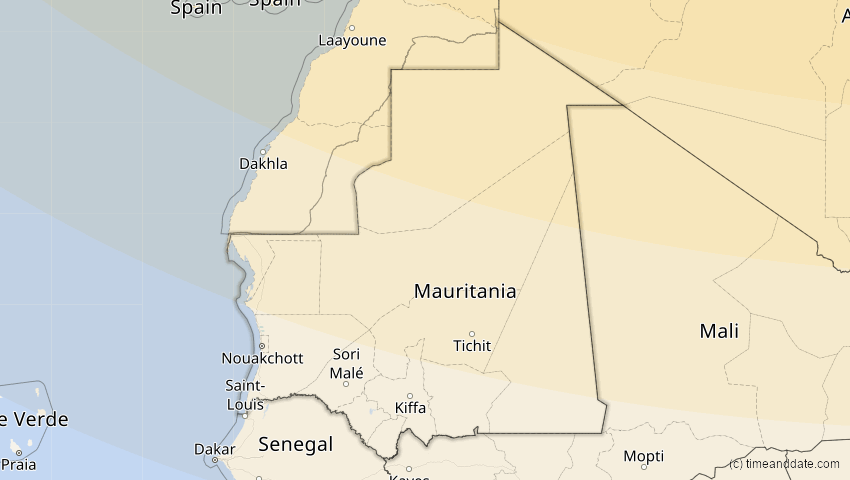 A map of Mauretanien, showing the path of the 13. Sep 2080 Partielle Sonnenfinsternis