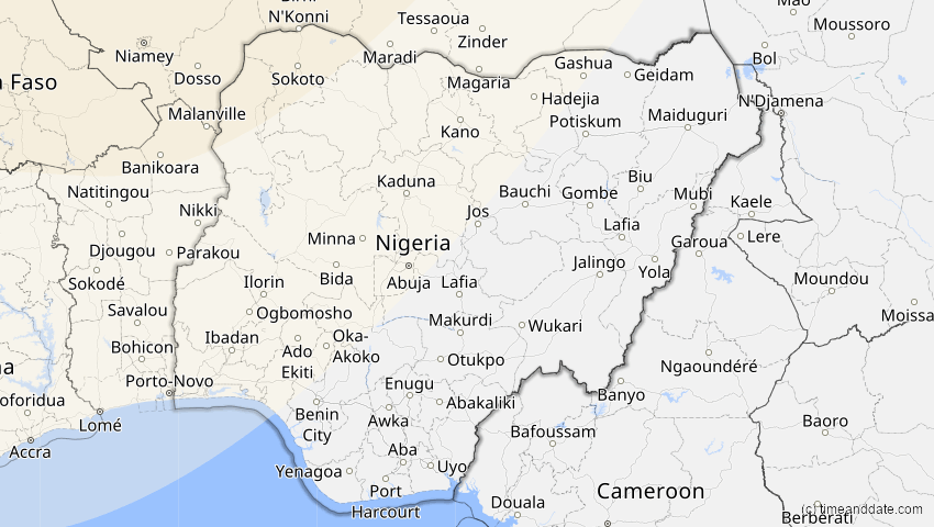A map of Nigeria, showing the path of the 13. Sep 2080 Partielle Sonnenfinsternis