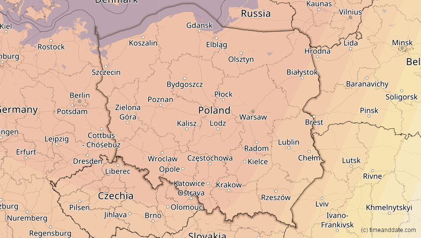 A map of Polen, showing the path of the 13. Sep 2080 Partielle Sonnenfinsternis
