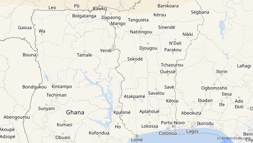 A map of Togo, showing the path of the 13. Sep 2080 Partielle Sonnenfinsternis