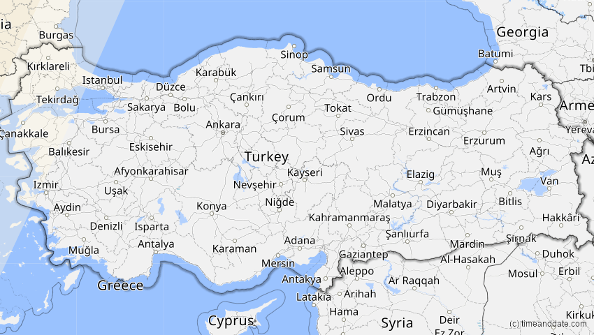 A map of Türkei, showing the path of the 13. Sep 2080 Partielle Sonnenfinsternis