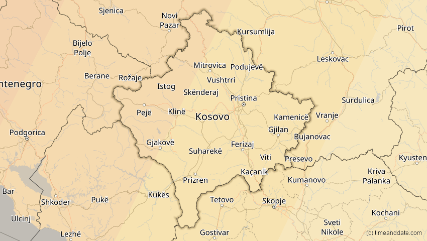 A map of Kosovo, showing the path of the 13. Sep 2080 Partielle Sonnenfinsternis