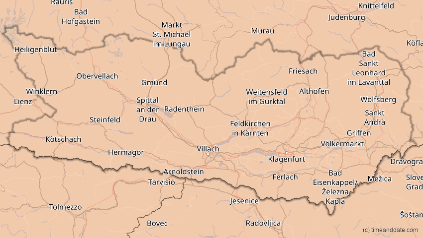 A map of Kärnten, Österreich, showing the path of the 13. Sep 2080 Partielle Sonnenfinsternis