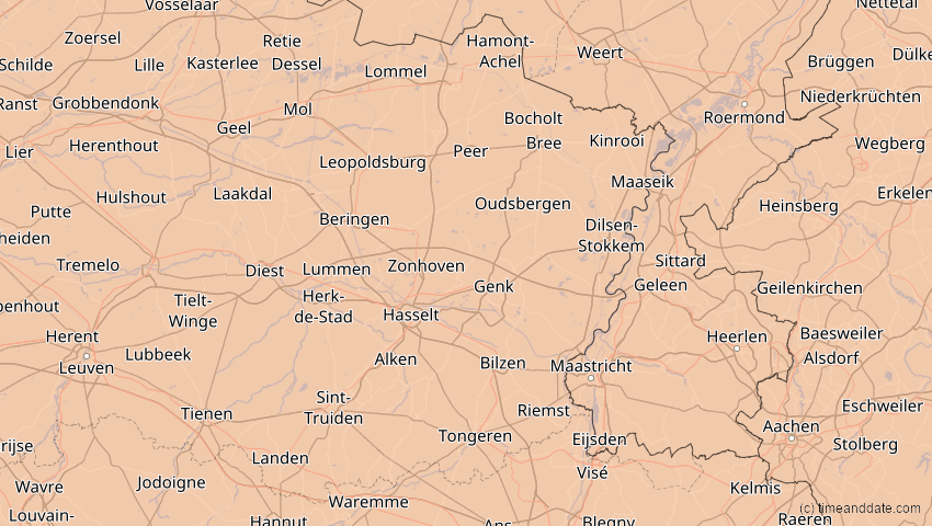 A map of Limburg, Belgien, showing the path of the 13. Sep 2080 Partielle Sonnenfinsternis