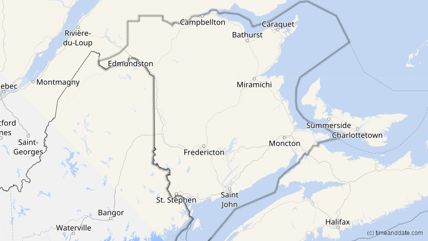 A map of New Brunswick, Kanada, showing the path of the 13. Sep 2080 Partielle Sonnenfinsternis