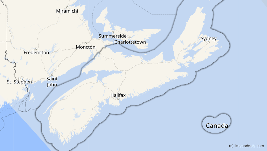A map of Nova Scotia, Kanada, showing the path of the 13. Sep 2080 Partielle Sonnenfinsternis