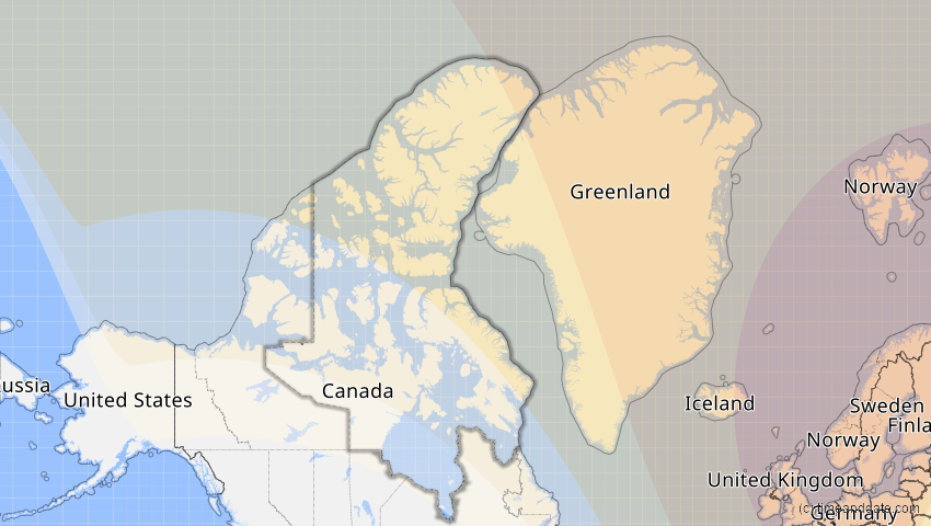 A map of Nunavut, Kanada, showing the path of the 13. Sep 2080 Partielle Sonnenfinsternis