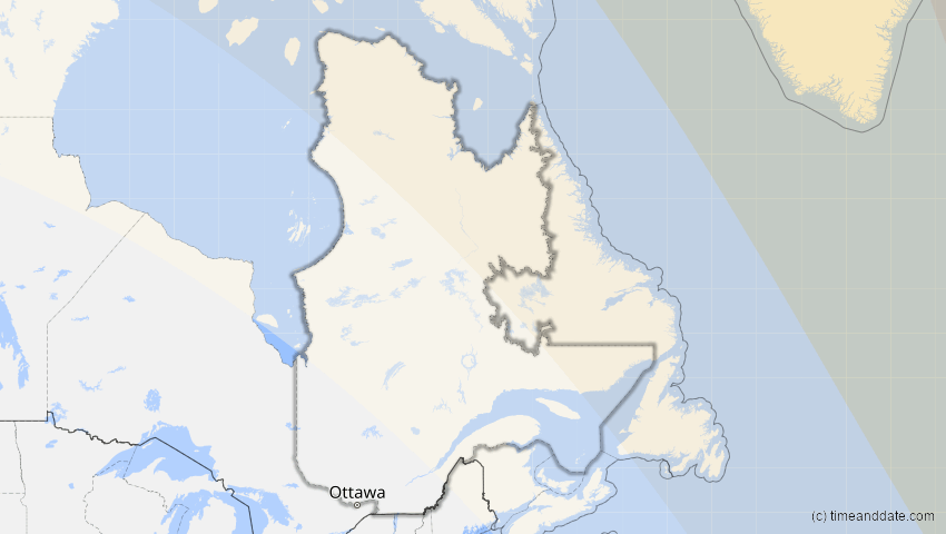 A map of Québec, Kanada, showing the path of the 13. Sep 2080 Partielle Sonnenfinsternis