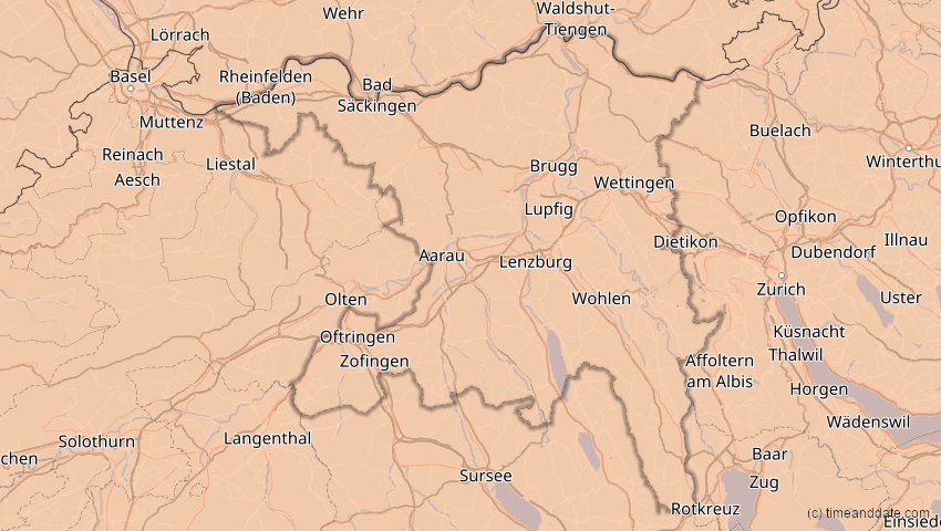 A map of Aargau, Schweiz, showing the path of the 13. Sep 2080 Partielle Sonnenfinsternis