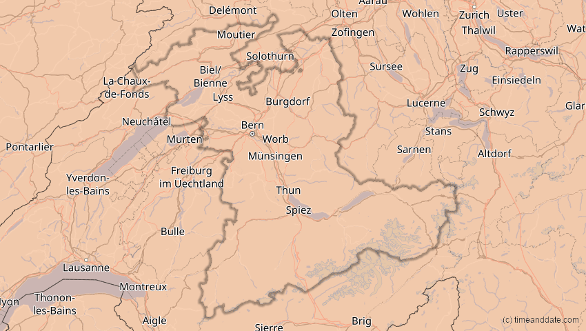A map of Bern, Schweiz, showing the path of the 13. Sep 2080 Partielle Sonnenfinsternis