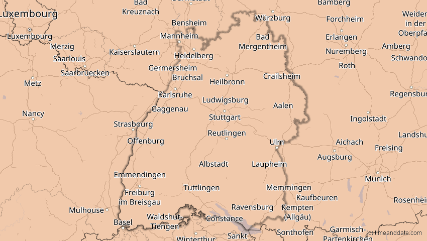A map of Baden-Württemberg, Deutschland, showing the path of the 13. Sep 2080 Partielle Sonnenfinsternis