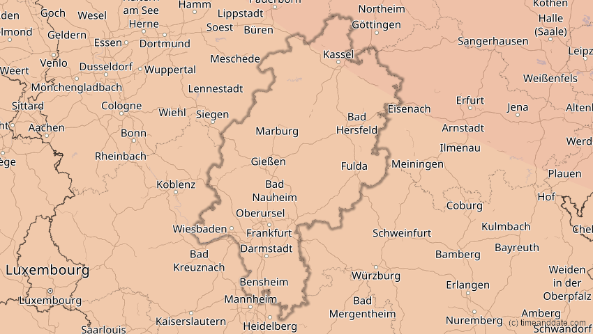 A map of Hessen, Deutschland, showing the path of the 13. Sep 2080 Partielle Sonnenfinsternis