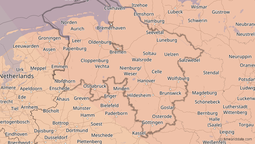 A map of Niedersachsen, Deutschland, showing the path of the 13. Sep 2080 Partielle Sonnenfinsternis