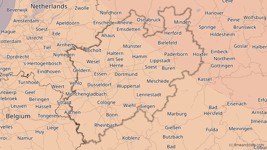 A map of Nordrhein-Westfalen, Deutschland, showing the path of the 13. Sep 2080 Partielle Sonnenfinsternis