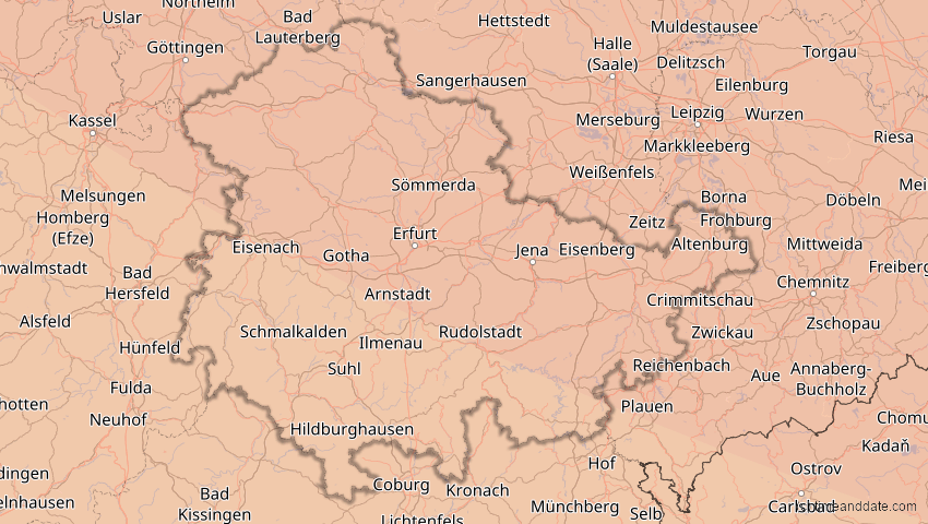 A map of Thüringen, Deutschland, showing the path of the 13. Sep 2080 Partielle Sonnenfinsternis
