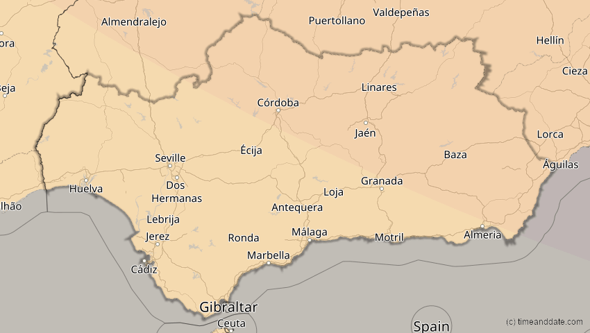 A map of Andalusien, Spanien, showing the path of the 13. Sep 2080 Partielle Sonnenfinsternis