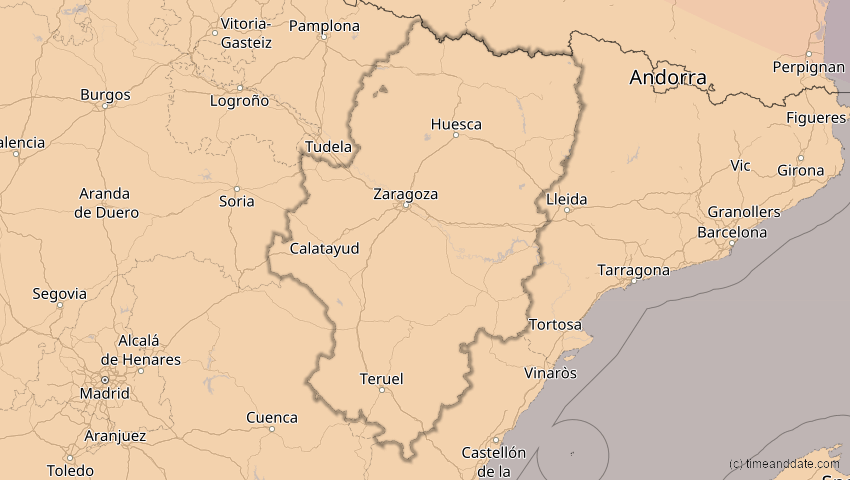 A map of Aragonien, Spanien, showing the path of the 13. Sep 2080 Partielle Sonnenfinsternis
