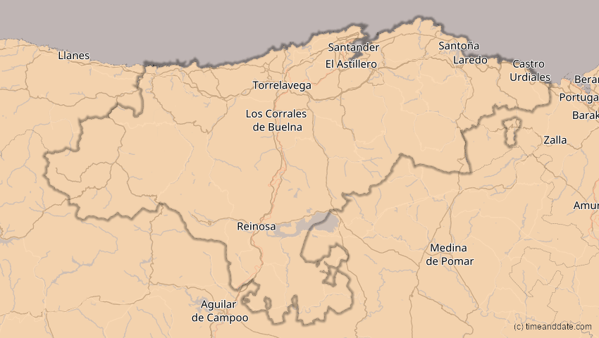 A map of Kantabrien, Spanien, showing the path of the 13. Sep 2080 Partielle Sonnenfinsternis