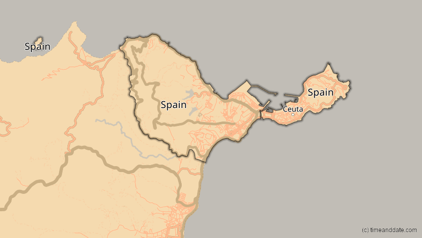 A map of Ceuta, Spanien, showing the path of the 13. Sep 2080 Partielle Sonnenfinsternis