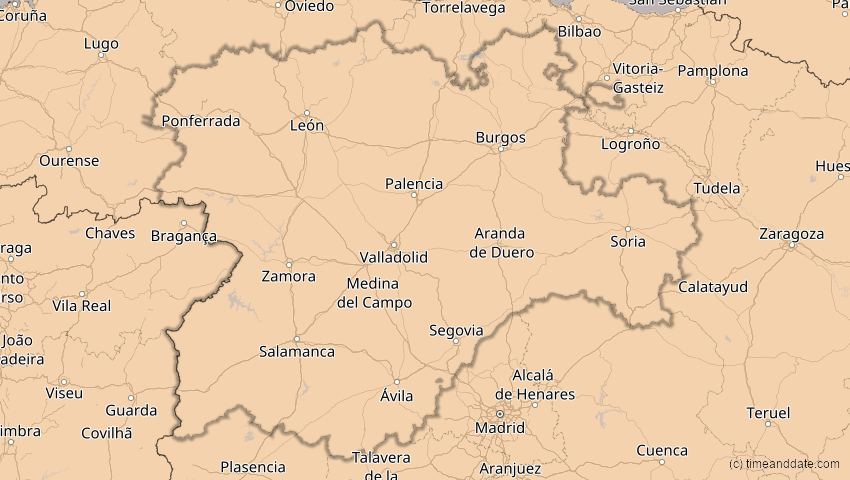 A map of Kastilien und León, Spanien, showing the path of the 13. Sep 2080 Partielle Sonnenfinsternis