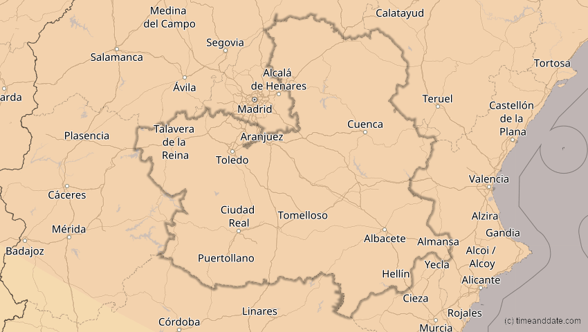 A map of Kastilien-La Mancha, Spanien, showing the path of the 13. Sep 2080 Partielle Sonnenfinsternis