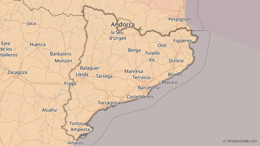 A map of Katalonien, Spanien, showing the path of the 13. Sep 2080 Partielle Sonnenfinsternis
